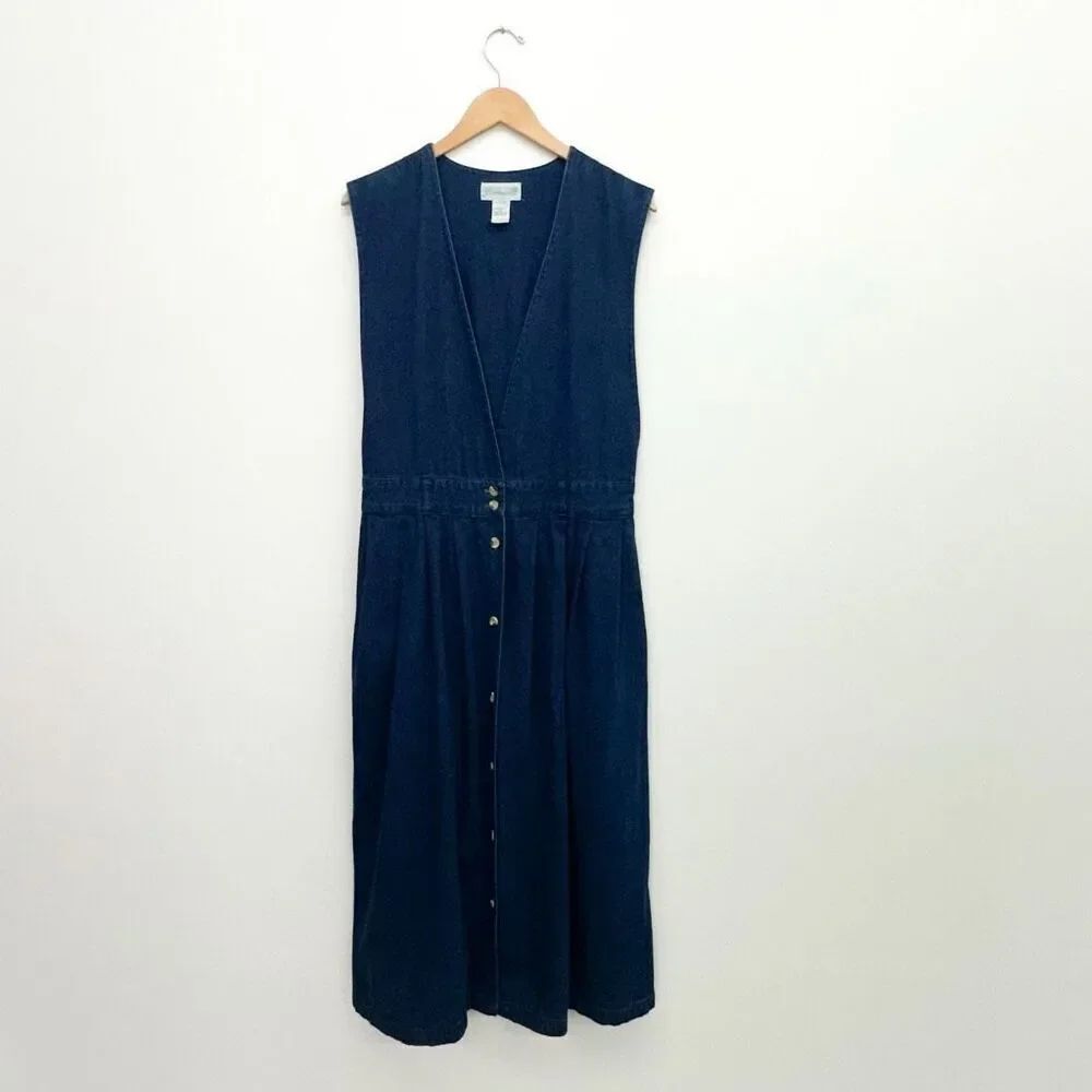 Lands End Women’s 90s Vintage Jean Sleeveless V- Neck A-line Button Front Midi D